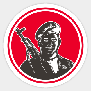 Paramilitary Wearing Beret Rifle Woodcut Sticker